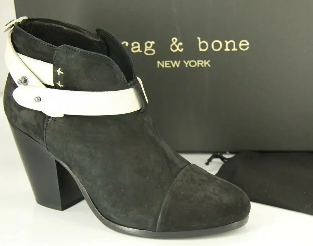 Rag & Bone Harrow White Strap Black Suede Ankle Boots Size 37.5 New $495